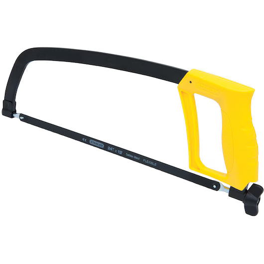 The STANLEY® D-Shape Hacksaw by STANLEY features a durable steel frame, yellow ergonomic handle, and thin straight blade for precise cutting of metal or plastic materials.